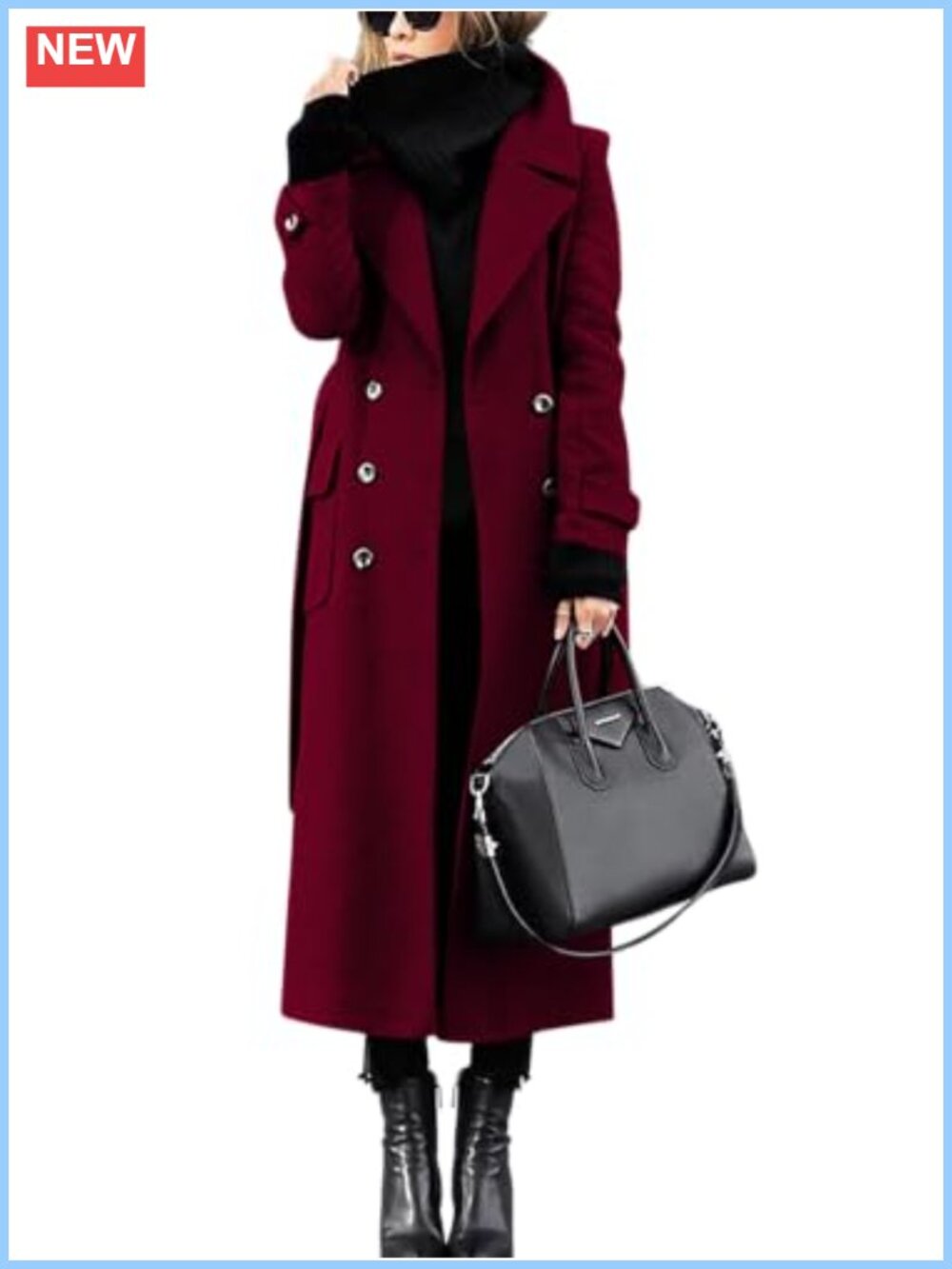 Women's Wool Blend Double Breasted Long Pea Coat with Belt Notched Lapel Flap